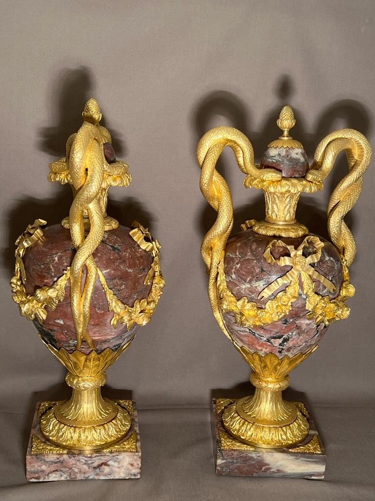 Pair Of 19th Century Louis XVI Style Gilt Bronze And Breccia Violette Marble Vases-photo-3