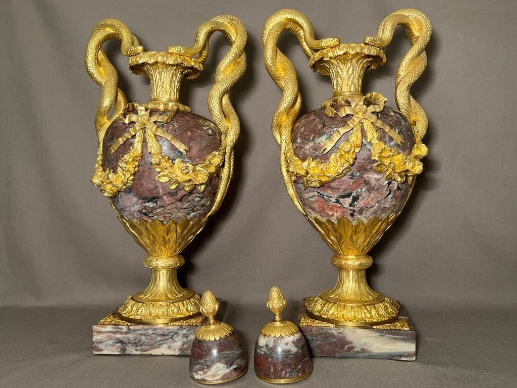 Paire Des Vases En Marbre Brèche Violette Et Bronze Doré De Style Louis XVI Du 19ème Siècle-photo-4