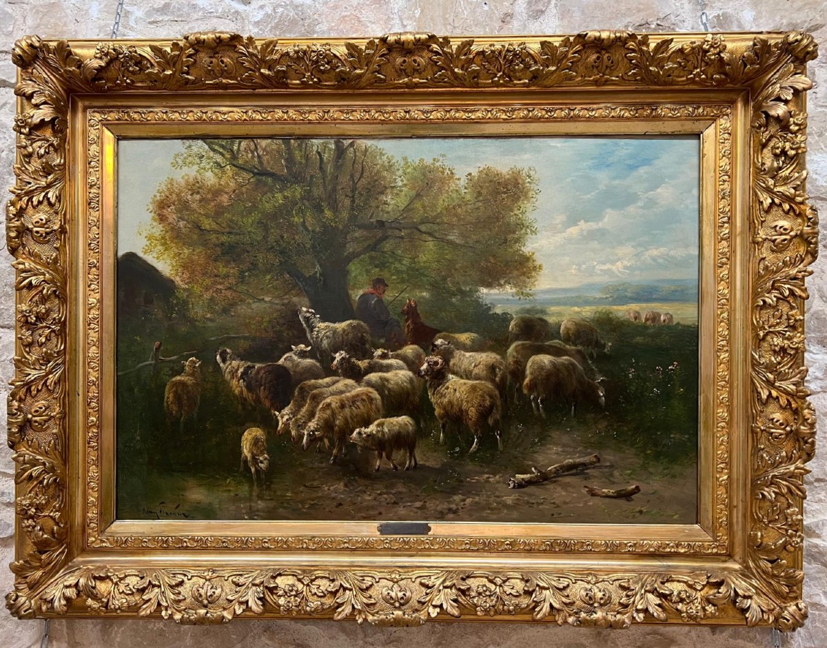 Peinture Par Henry Schouten 1857-1927. Berger Avec Des Moutons-photo-2