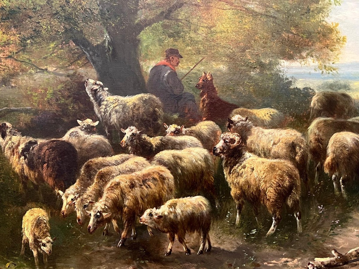 Peinture Par Henry Schouten 1857-1927. Berger Avec Des Moutons-photo-3