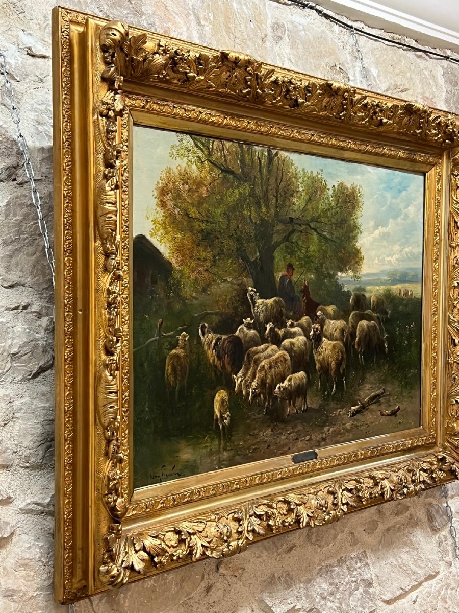 Peinture Par Henry Schouten 1857-1927. Berger Avec Des Moutons-photo-3