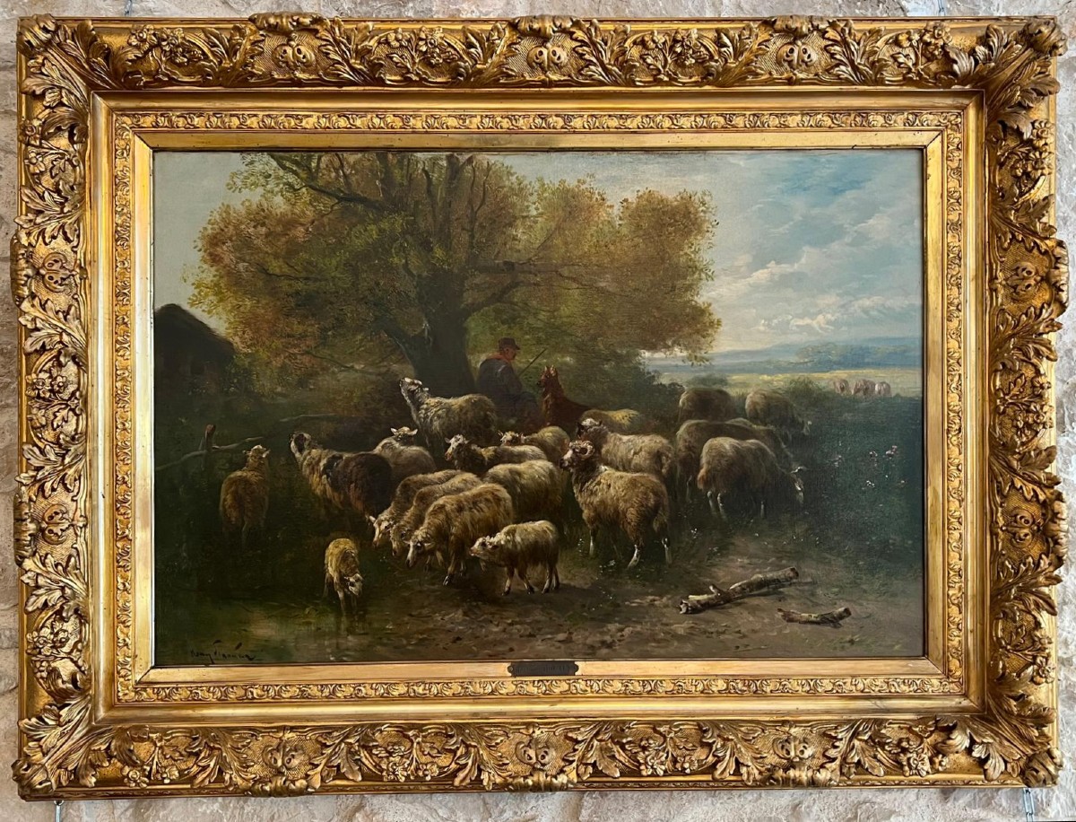 Peinture Par Henry Schouten 1857-1927. Berger Avec Des Moutons