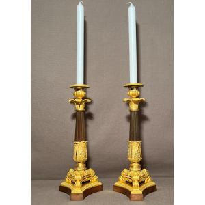 Pair Of Empire Candlesticks / Candlesticks Early 19th Century In Patinated Bronze And Gilt Bronze