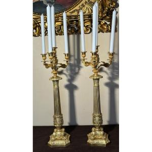 Large Pair Of Candelabra (torches) In Gilt Bronze Early 19th Century.