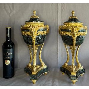 Pair Of Louis XVI Style Cassolettes In Gilt Bronze And Green Marble 19th Century