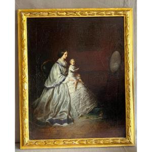 Oil On Canvas Portrait Mother With Child 19th Century