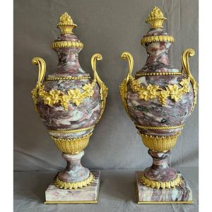 Pair Of Cassolettes In Violet Breche Marble And Gilt Bronze 19th Century