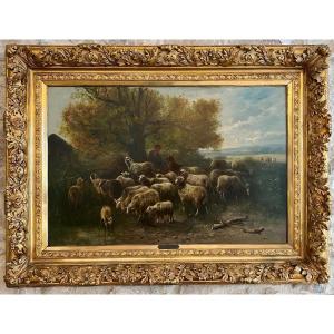 Peinture Par Henry Schouten 1857-1927. Berger Avec Des Moutons