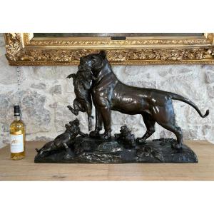 Bronze By Auguste Nicolas Cain (1821-1894) Lioness Bringing A Wild Boar To Her Cubs