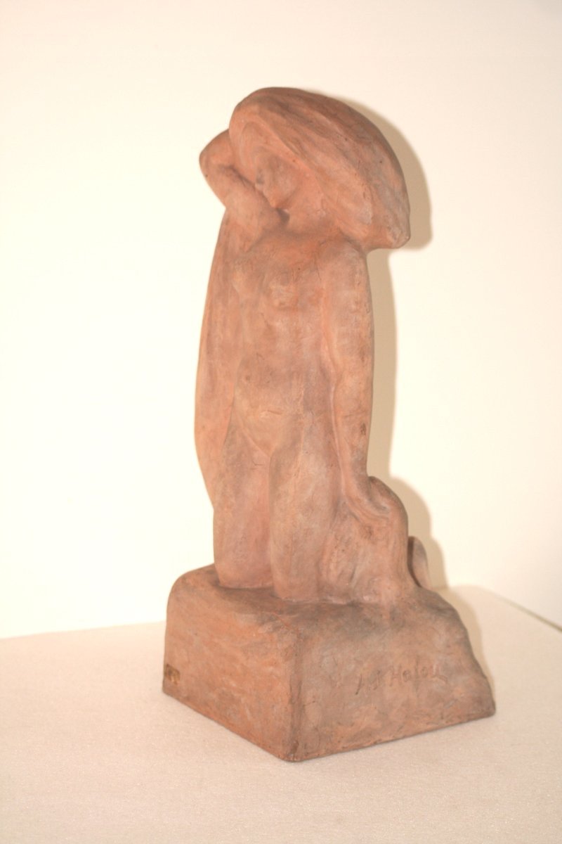 Terracotta Sculpture, Naked Bather, Signed Alfred Jean Halou, Early 20th 1910/1920-photo-2