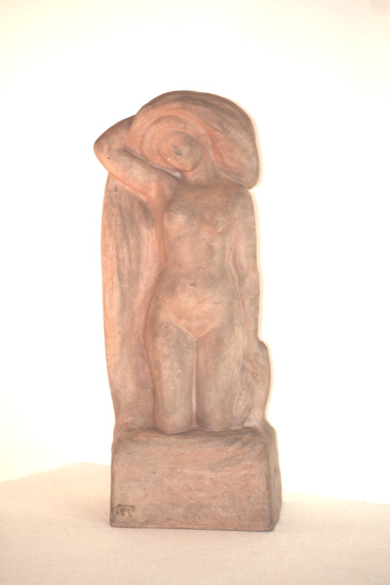 Terracotta Sculpture, Naked Bather, Signed Alfred Jean Halou, Early 20th 1910/1920-photo-3