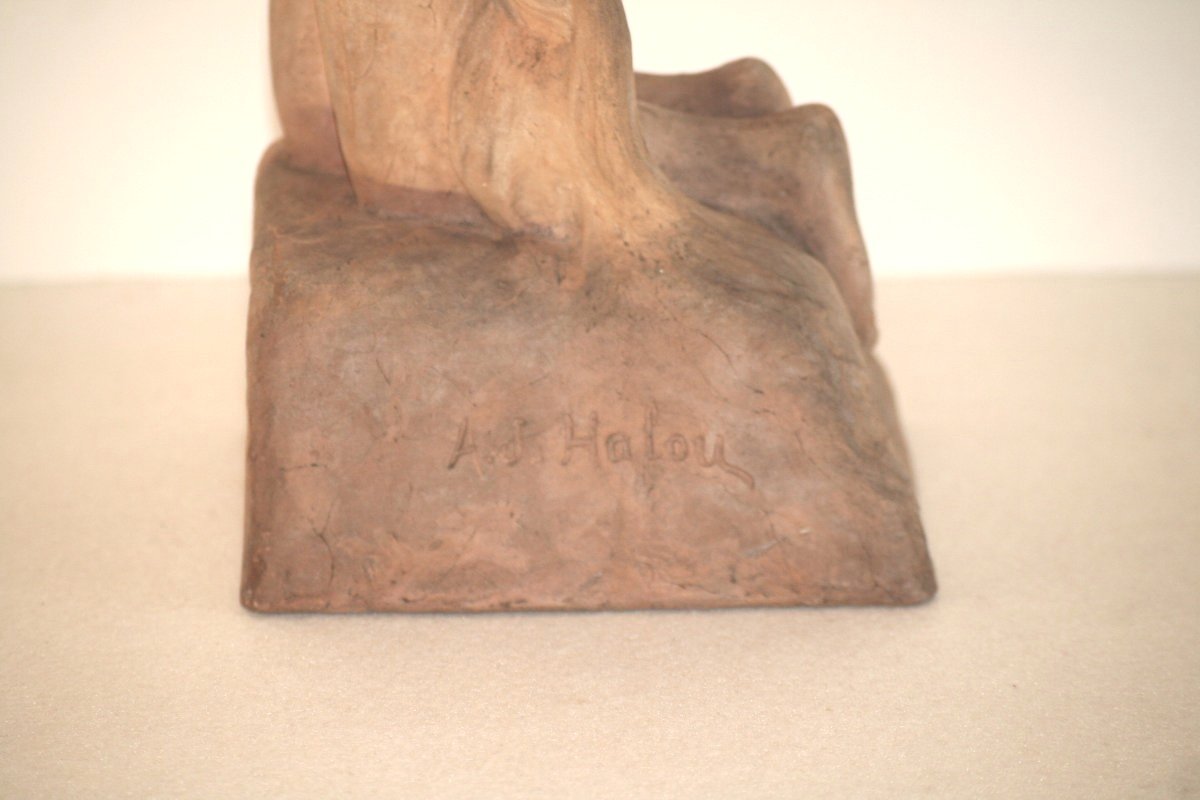 Terracotta Sculpture, Naked Bather, Signed Alfred Jean Halou, Early 20th 1910/1920-photo-3
