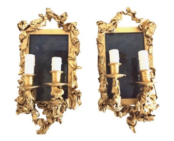 Pair Of Wall Sconces, In Golden Brass - Creation From The 1970s-photo-2