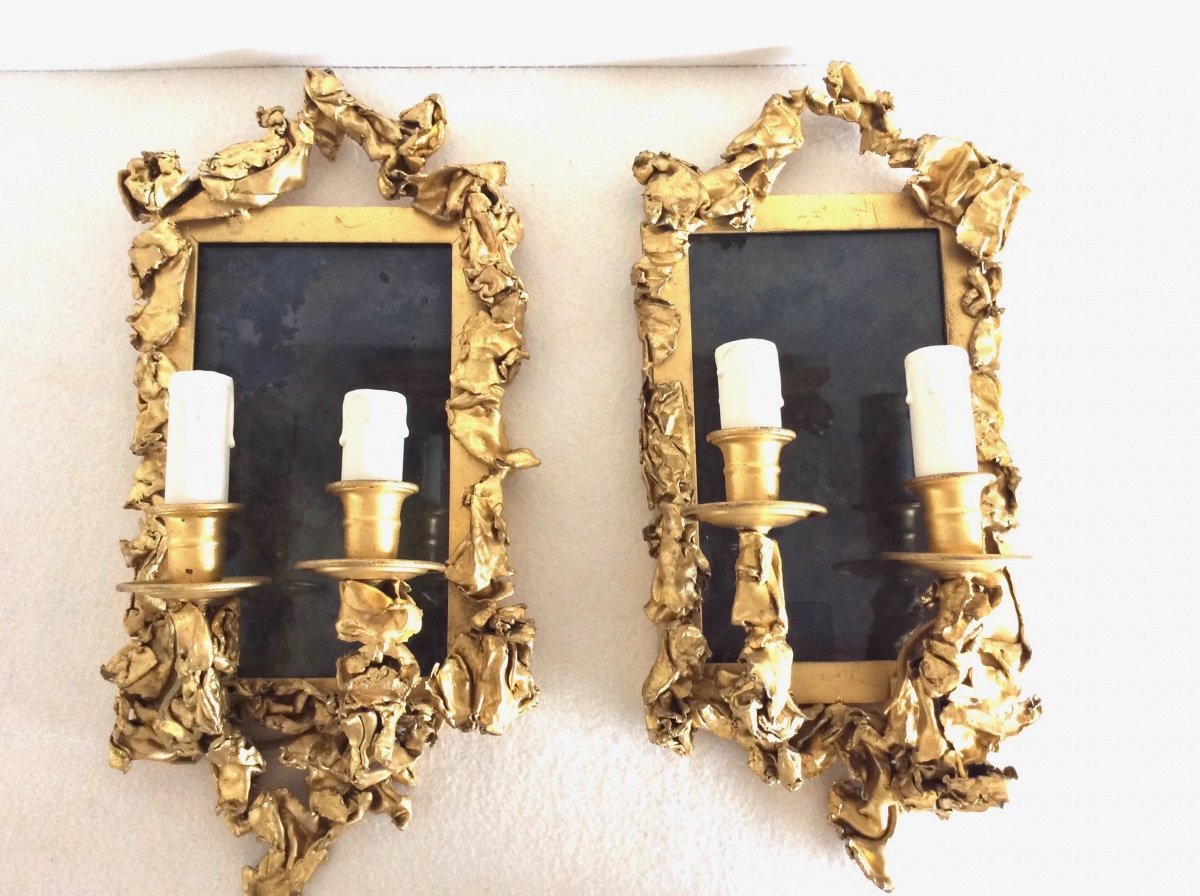 Pair Of Wall Sconces, In Golden Brass - Creation From The 1970s-photo-4