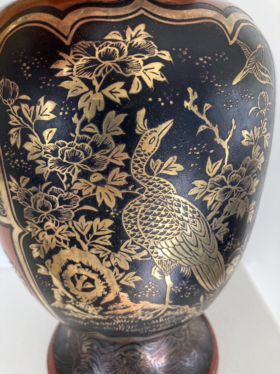 Vase Japonais en Dinanderie, Laqué, Incrusté d'Or et d'Argent, Meiji 19ème-photo-2