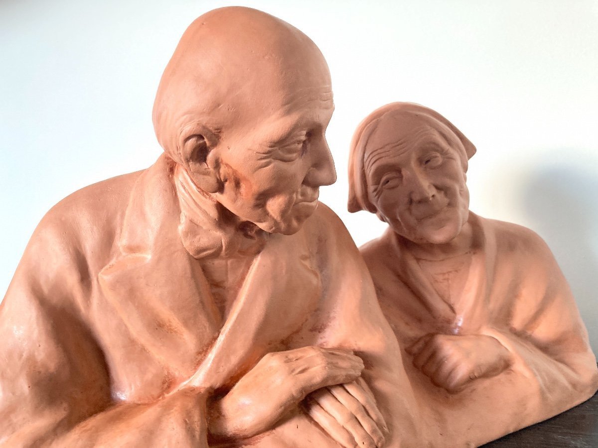 Gaston Hauchecorne, Proof In Terracotta Couple Of Elders - Art Deco Period-photo-4