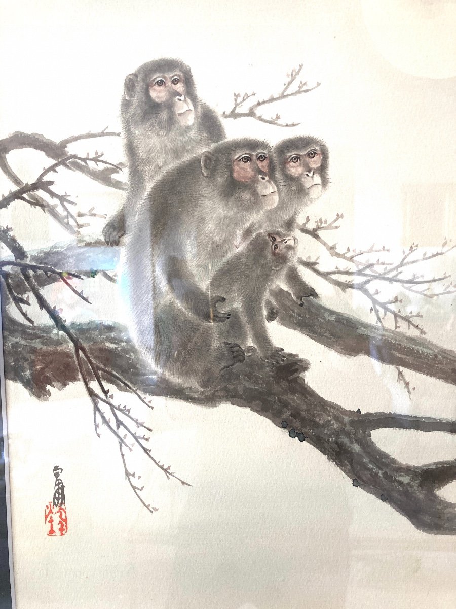 Japanese Watercolor, Monkeys On A Branch, 20th-photo-2