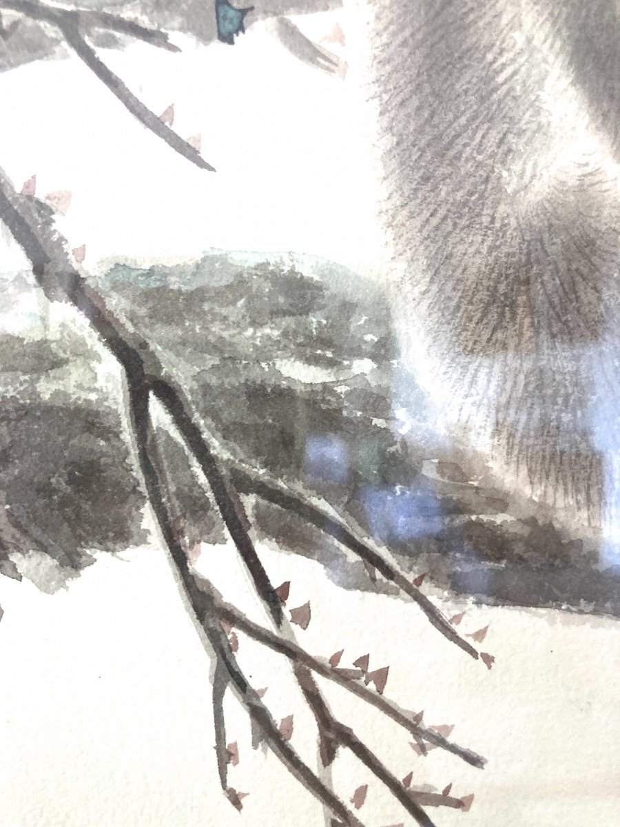 Aquarelle Japonaise, Singes sur une branche, 20ème-photo-3