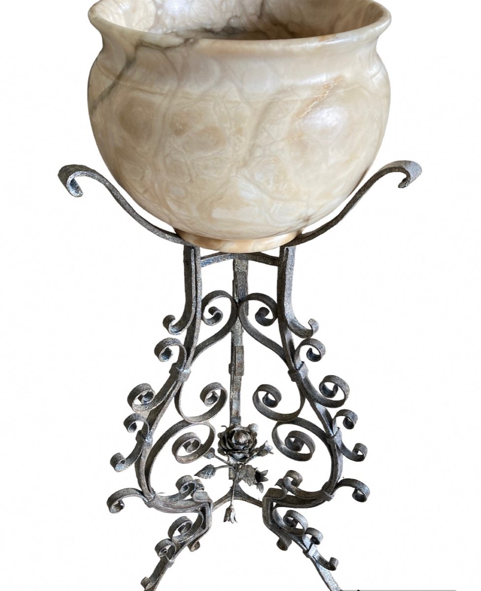 Marble Plant Pot On Wrought Iron Tripod Base, Late 19th Century