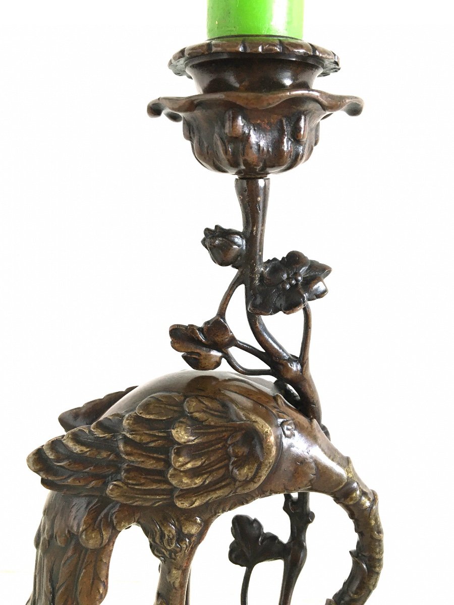 Pair Of Chiseled And Patinated Bronze Candlesticks, Late 19th Century-photo-2