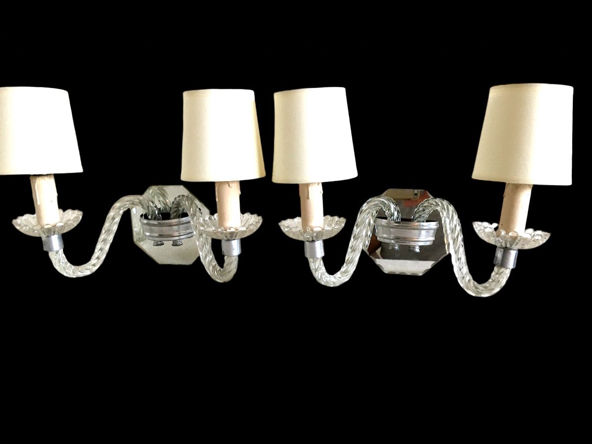 Pair Of Wall Sconces, In Twisted And Cut Glass - Creation Of The 1950s