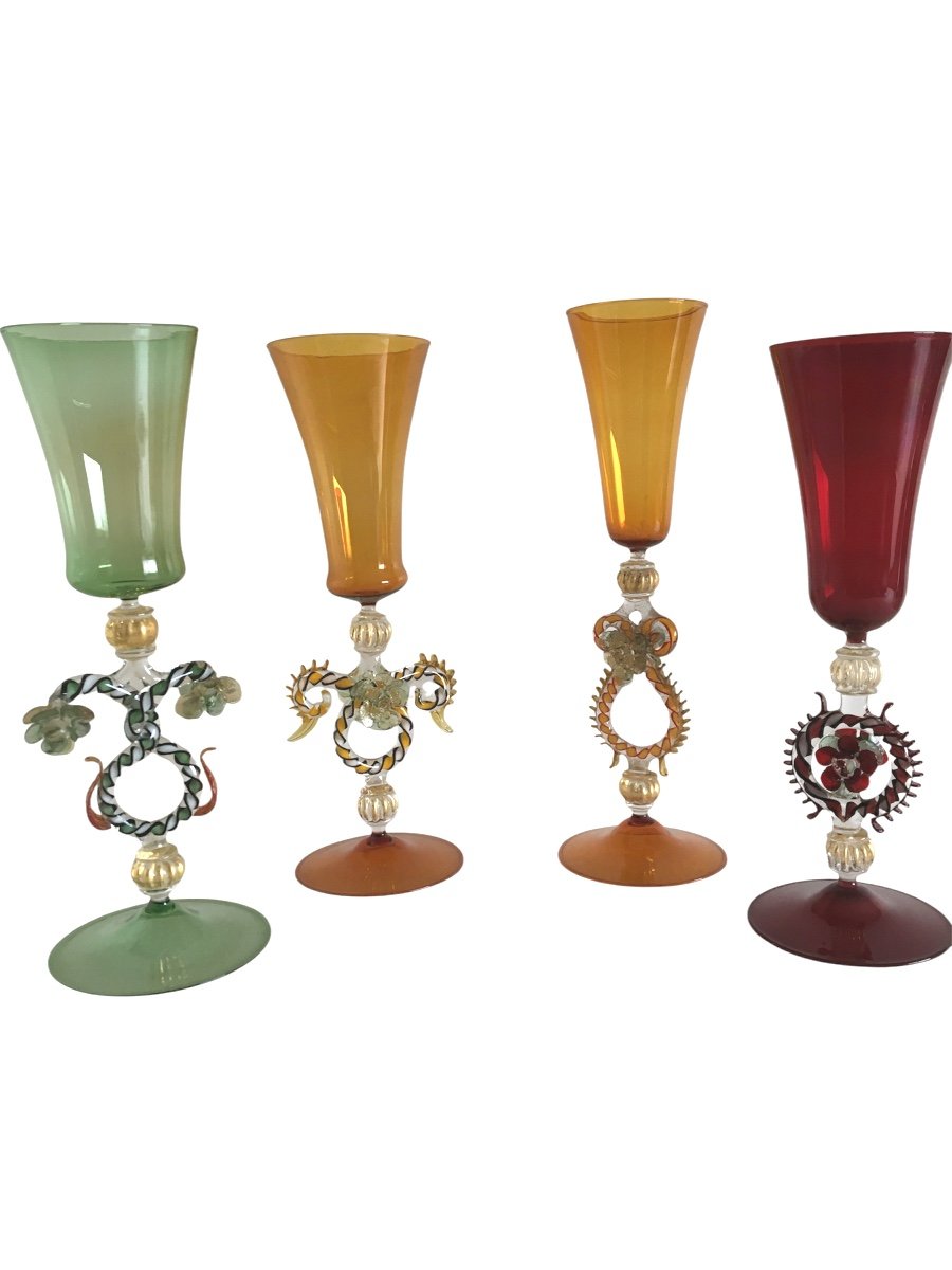 Murano Glasses, Set Of 4 Glasses, Venice Circa 1970