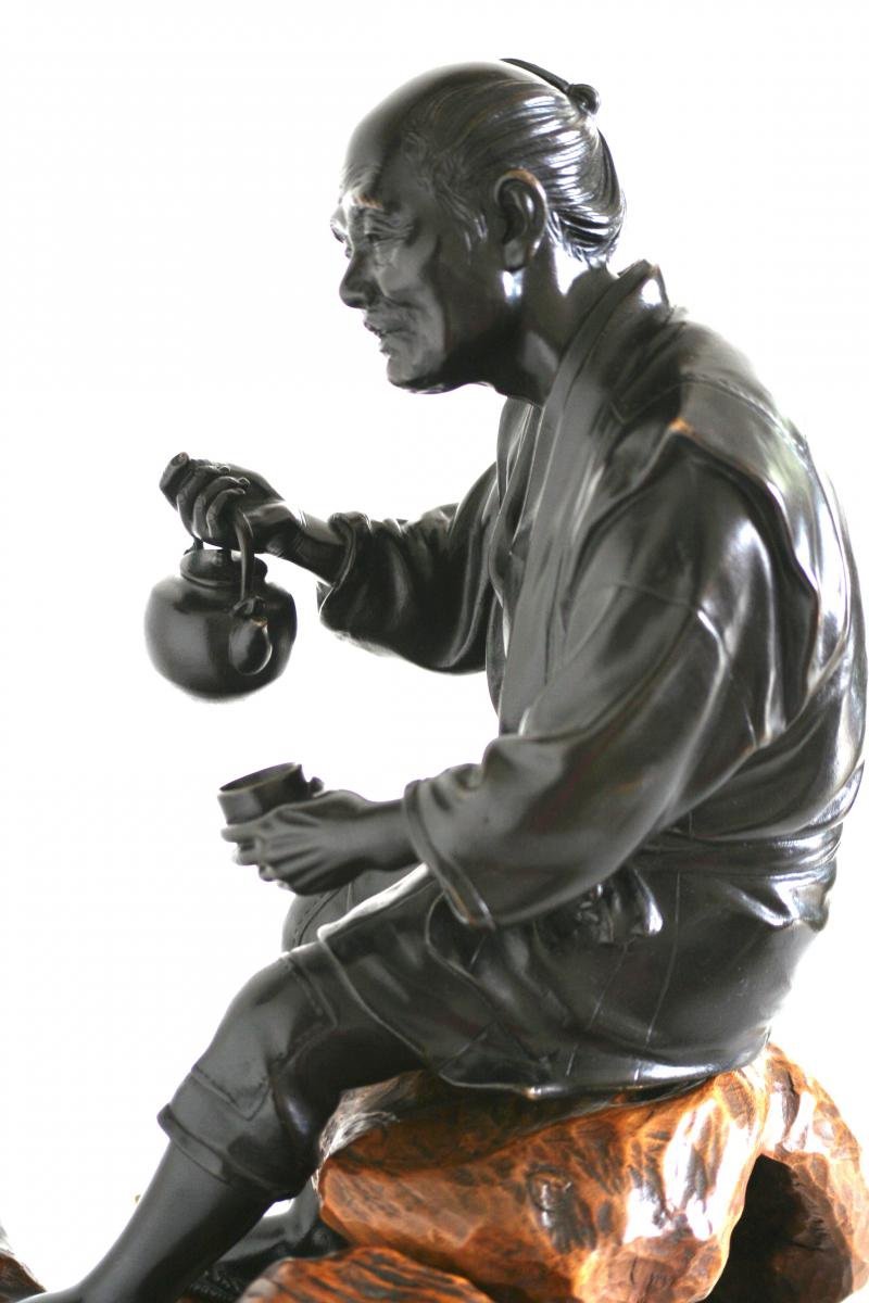 Bronze With Black Patina, Okimono - Japanese Man, Late Meiji Period-photo-4