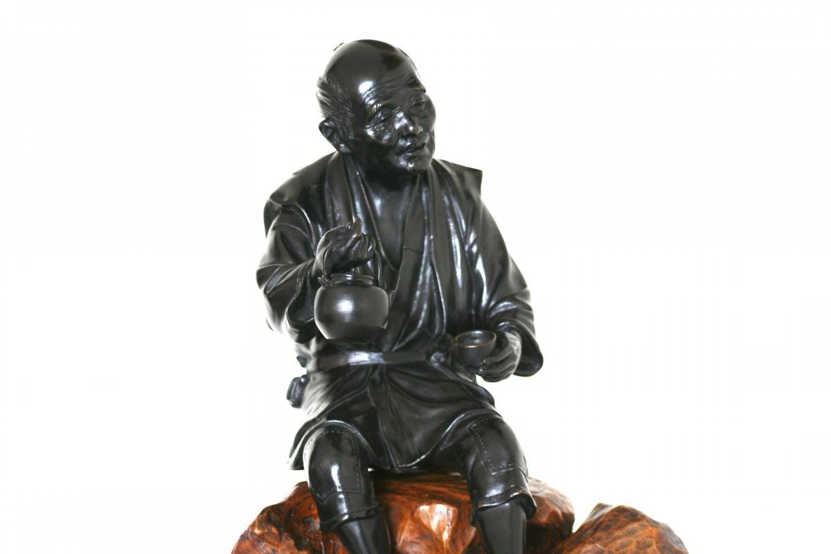 Bronze With Black Patina, Okimono - Japanese Man, Late Meiji Period-photo-1