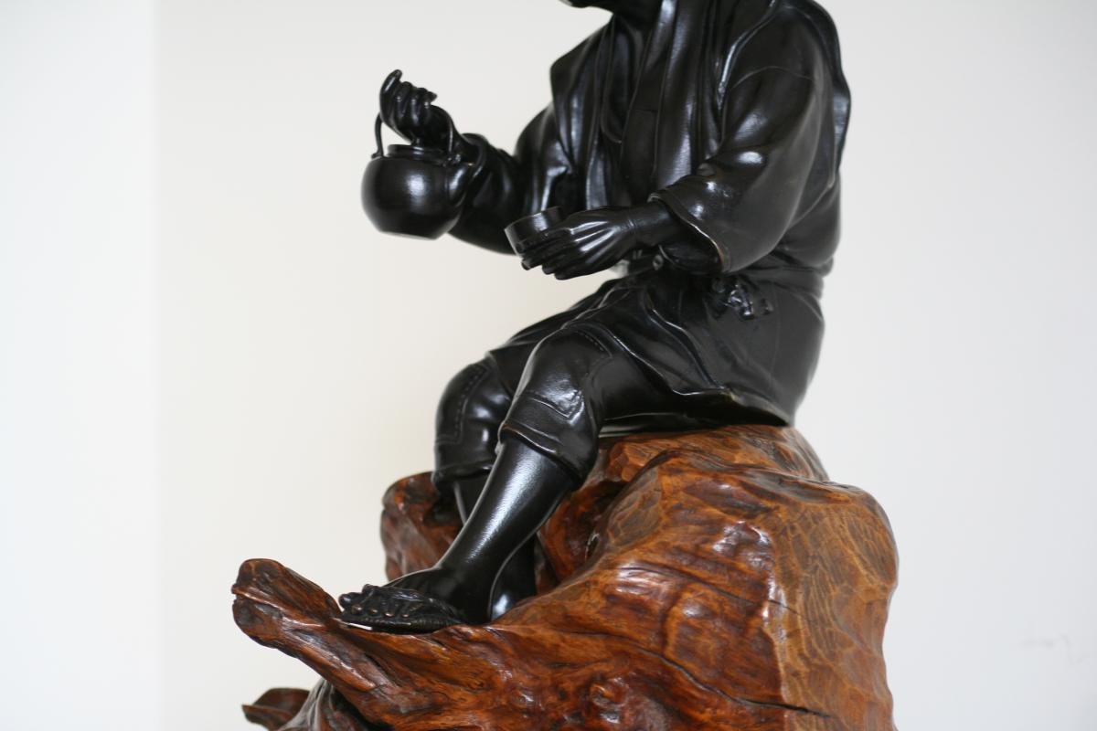 Bronze With Black Patina, Okimono - Japanese Man, Late Meiji Period-photo-2