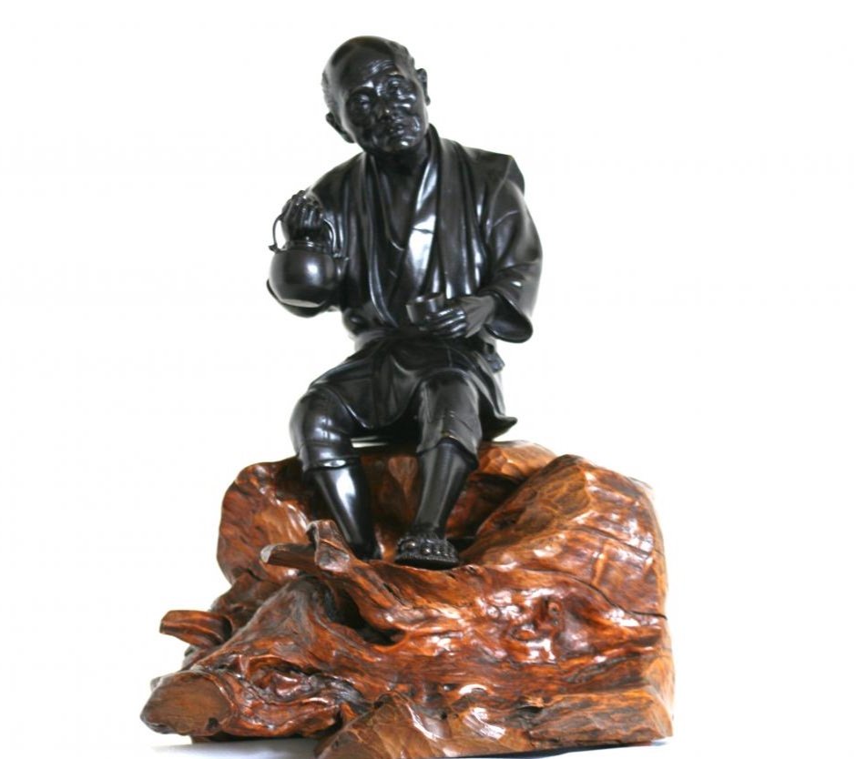 Bronze With Black Patina, Okimono - Japanese Man, Late Meiji Period