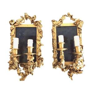 Pair Of Wall Sconces, In Golden Brass - Creation From The 1970s