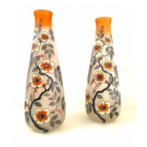Pair Of Satin Glass Vases, Signed Leune