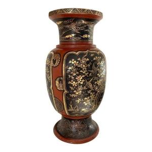 Japanese Vase In Brassware, Lacquered, Inlaid With Gold And Silver, Meiji 19th