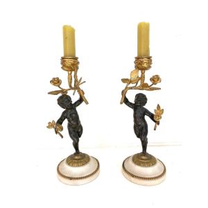 Paire de petits Candélabres à Décor De Putti, 19ème