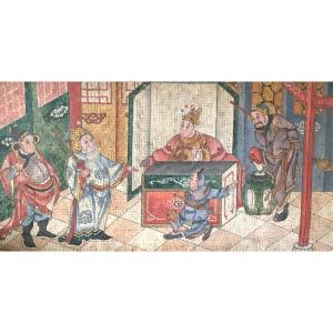 Grande Peinture Chinoise sur panneau de Bambou, 19ème, Chine