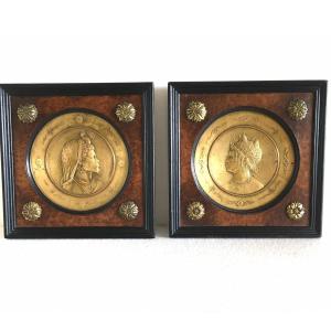 Pair Of Chiseled And Gilded Copper Medallions, Signed P. Faraoni (1869)