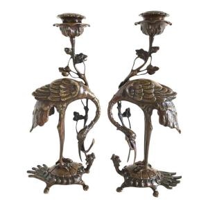 Pair Of Chiseled And Patinated Bronze Candlesticks, Late 19th Century