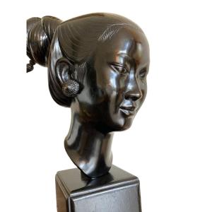 Buste De Femme Vietnamienne, Bronze à Patine Noire - Années 1940-50