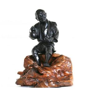 Bronze à Patine Noire, Okimono - Homme Japonais, Fin Période Meiji