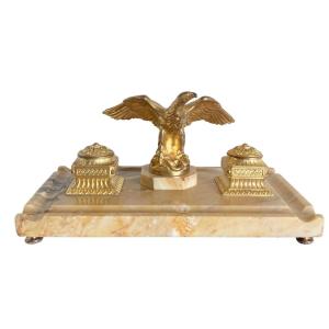 Gilt Bronze And Yellow Marble Inkwell, Late 19th Century 