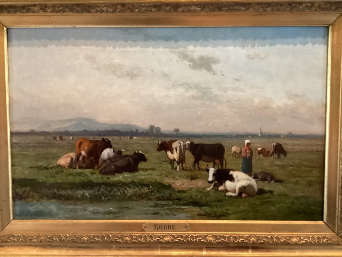 Painting Cow In Pasture With Shepherdess L.robbe-photo-2