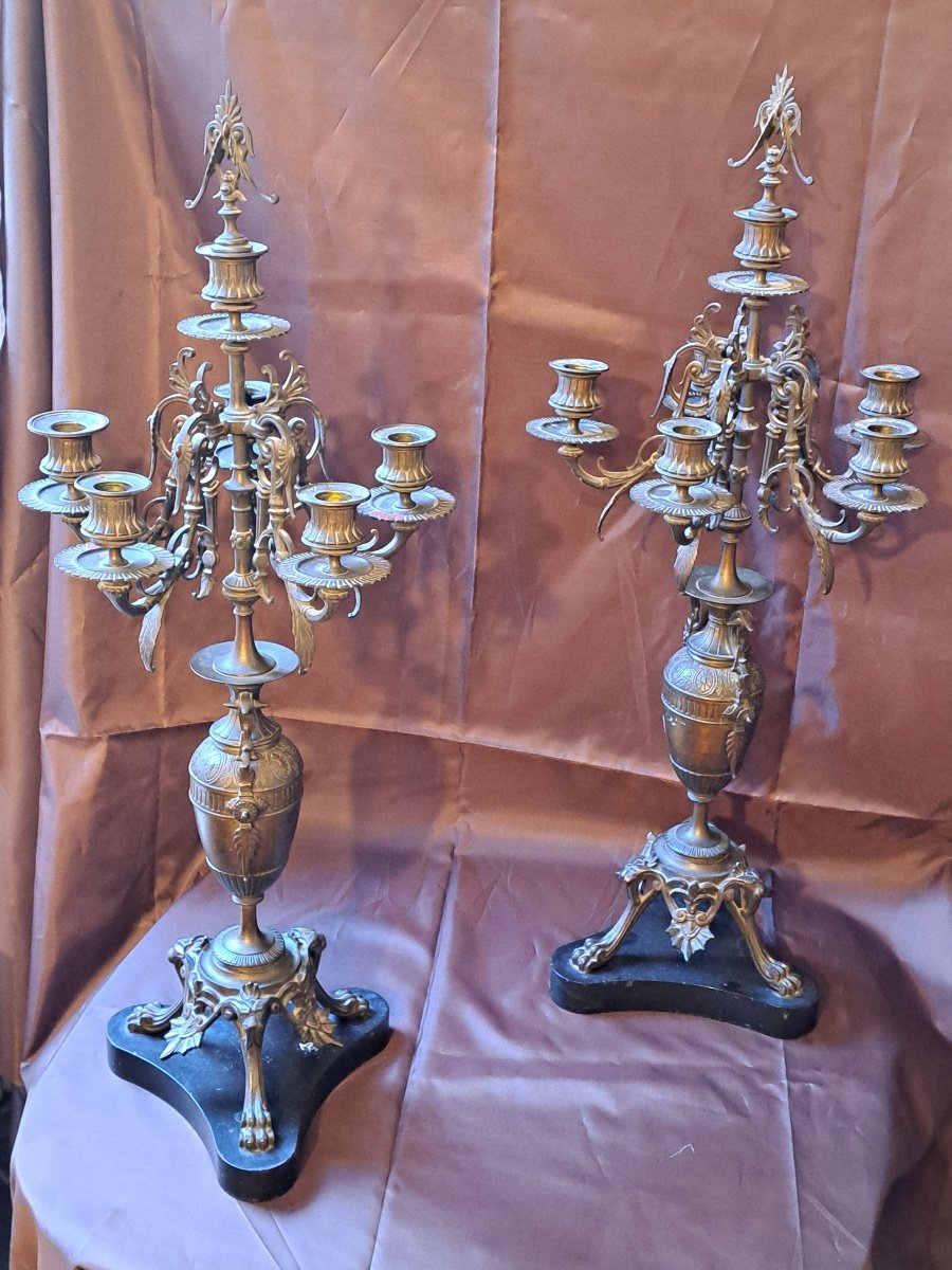 Pair Of Bronze And Marble Tripod Candelabra 