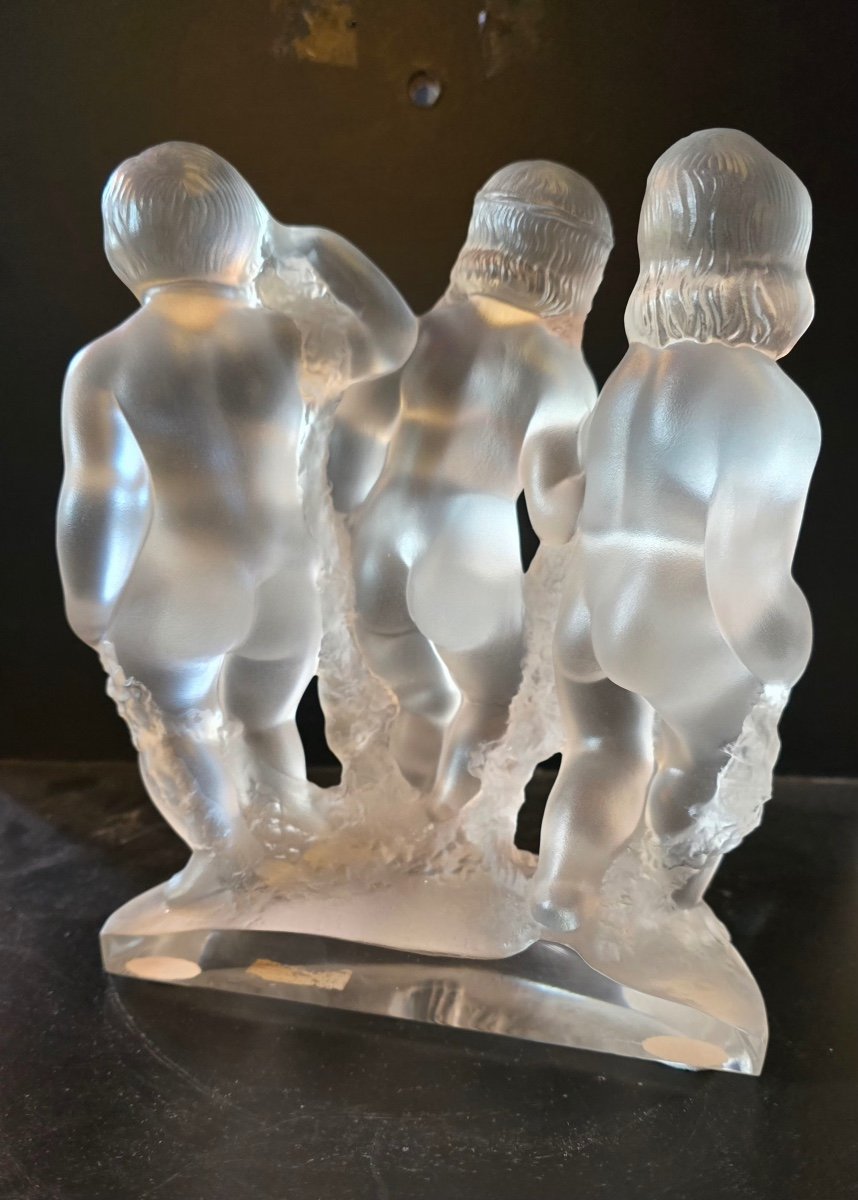 Glass Sculpture Three Children Signed Lalique-photo-2