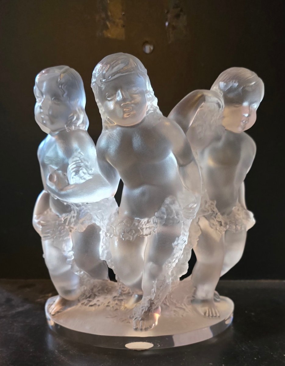 Glass Sculpture Three Children Signed Lalique