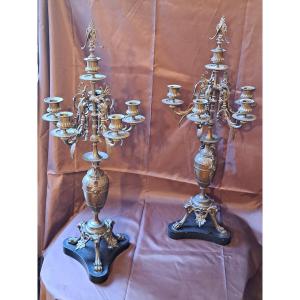 Pair Of Bronze And Marble Tripod Candelabra 