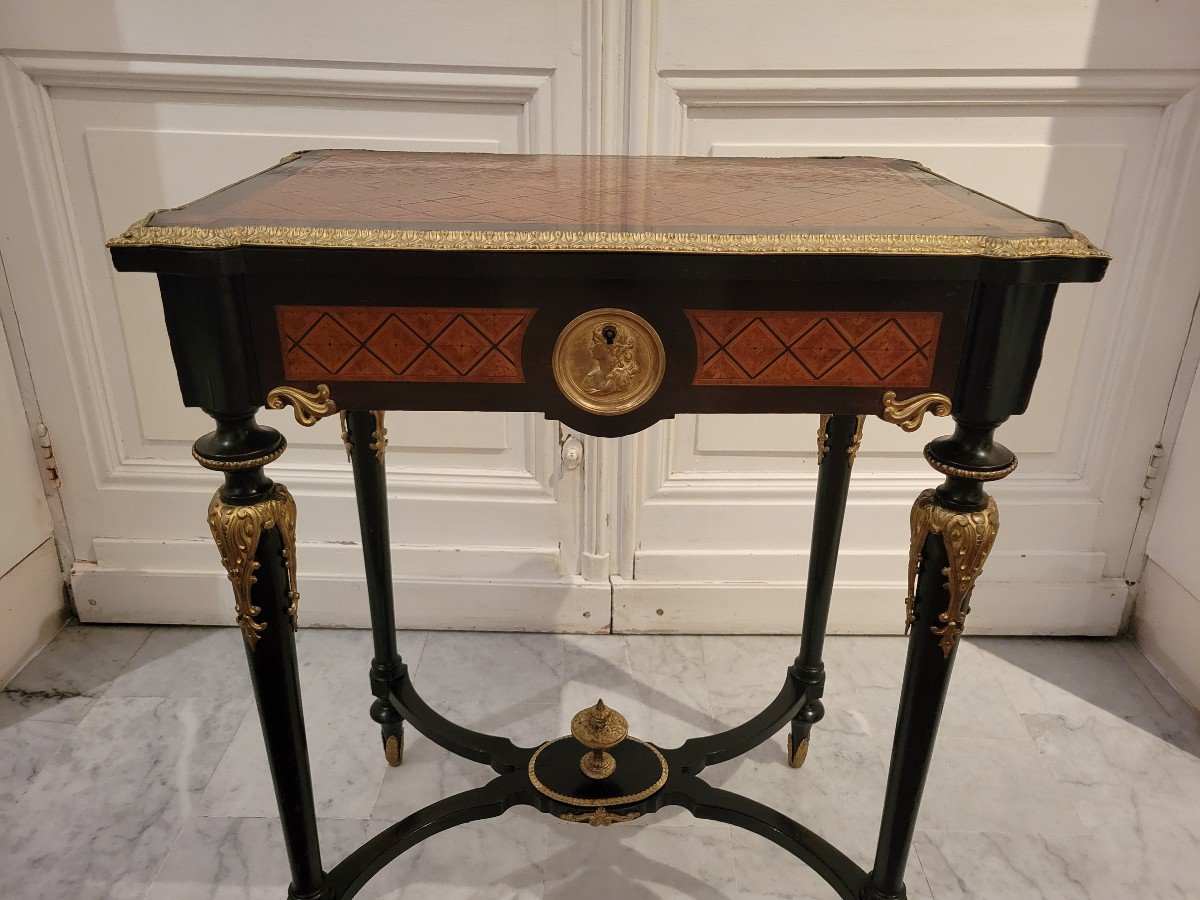 Small Table In Marquetry Of Various Species And Bronze (napoleon III) Fauborgs Parisiens-photo-2