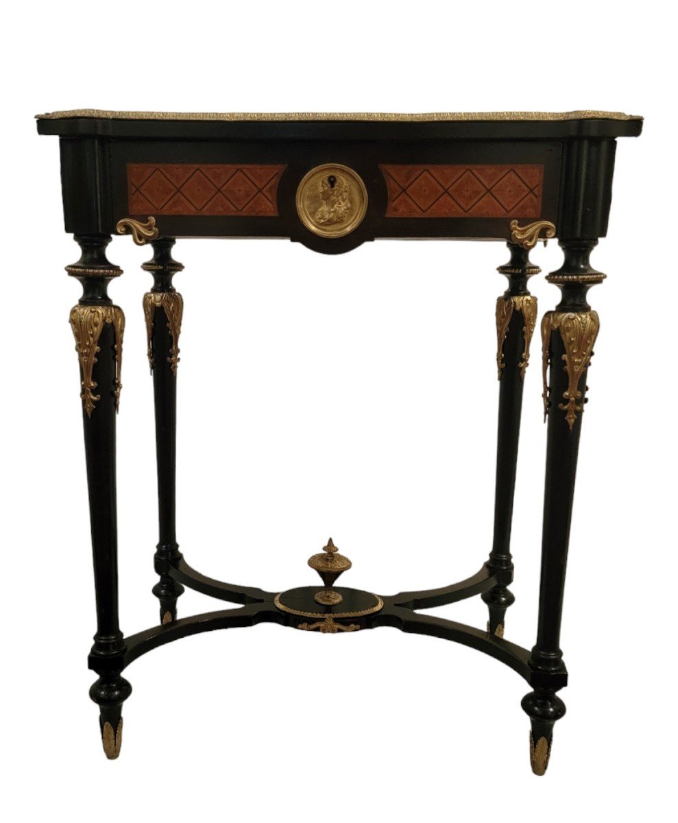 Small Table In Marquetry Of Various Species And Bronze (napoleon III) Fauborgs Parisiens