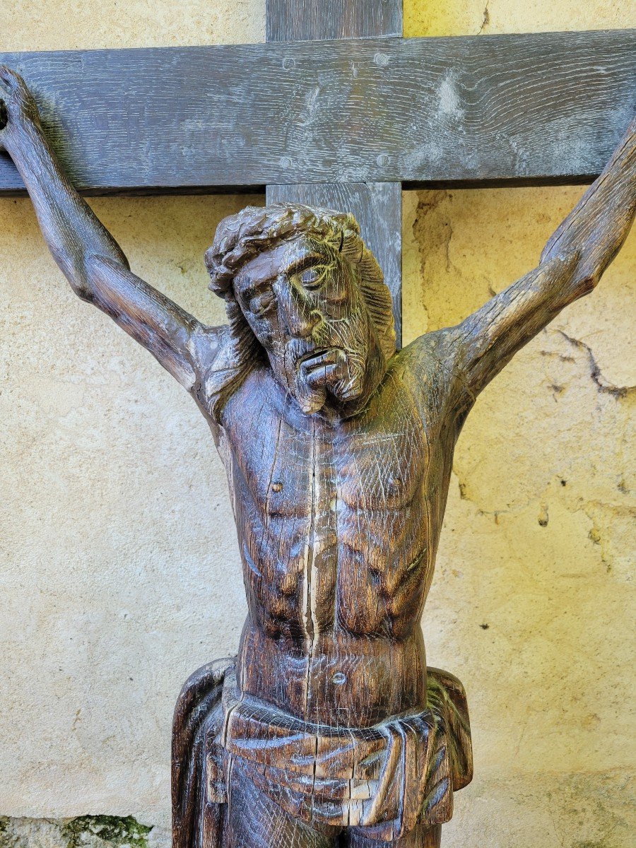 Large Christ In Carved Wood Inclined Head Surrounded By A Crown Of Thorns XVII Century-photo-2