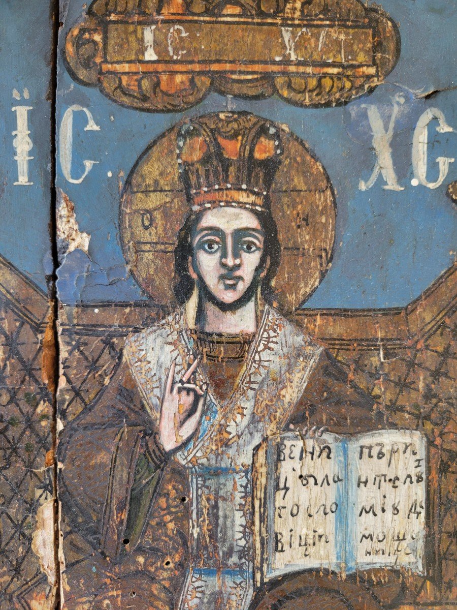 Painting Icon Of Christ In Throne, Oil On Wood.-photo-4