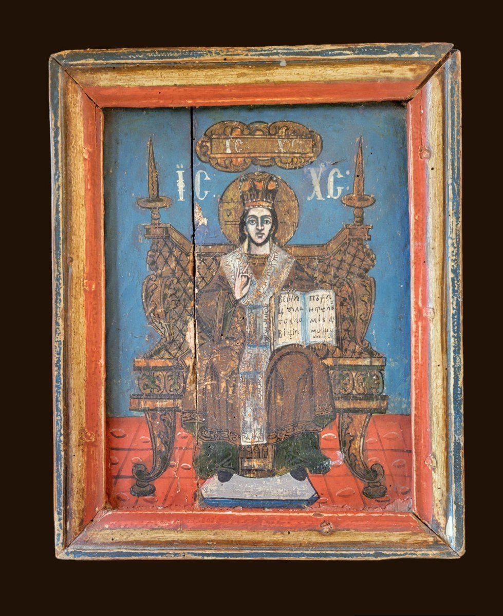 Painting Icon Of Christ In Throne, Oil On Wood.